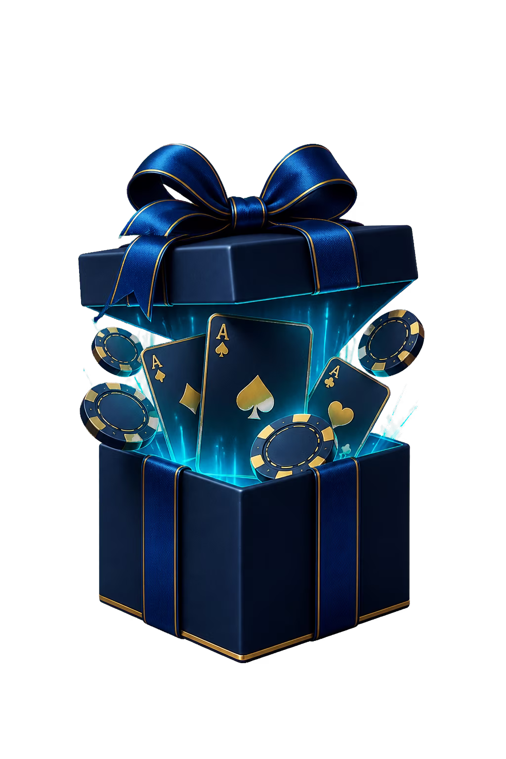 Black gift box with gold ribbon and casino chips