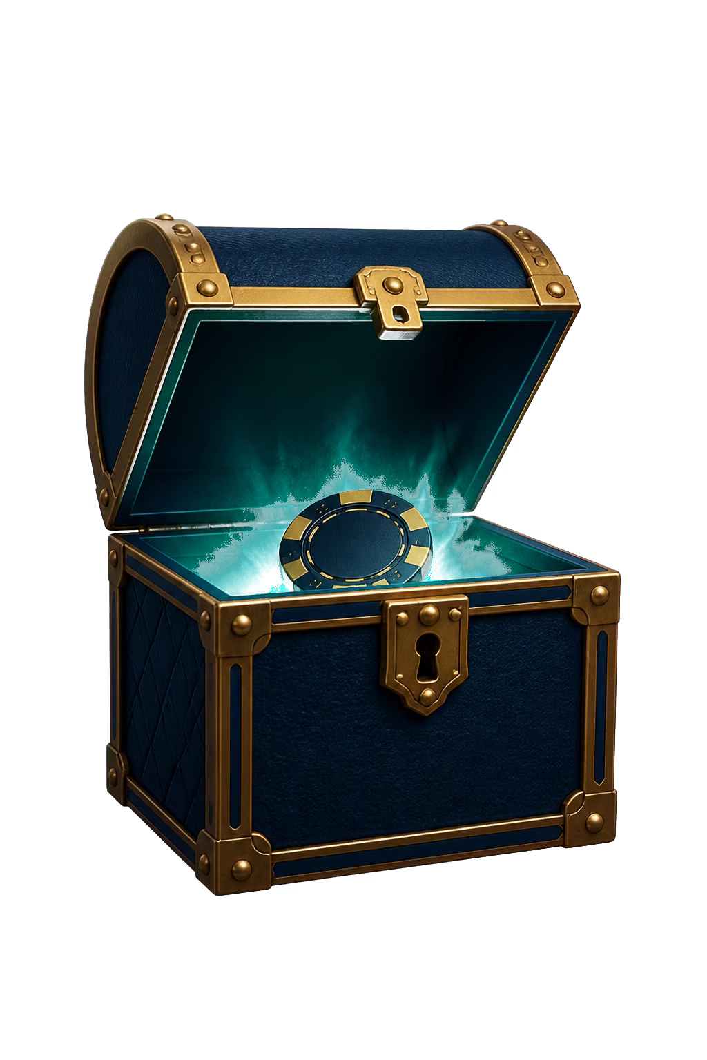 Black treasure chest with a casino chip and gold ribbon